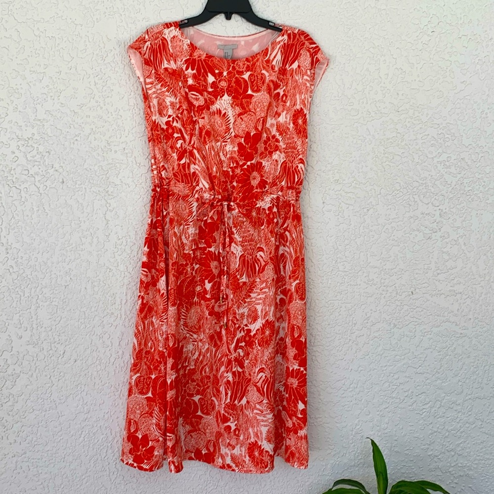 H&M Womens Red Floral Cap Sleeve Cinch Waist midi dress size 10